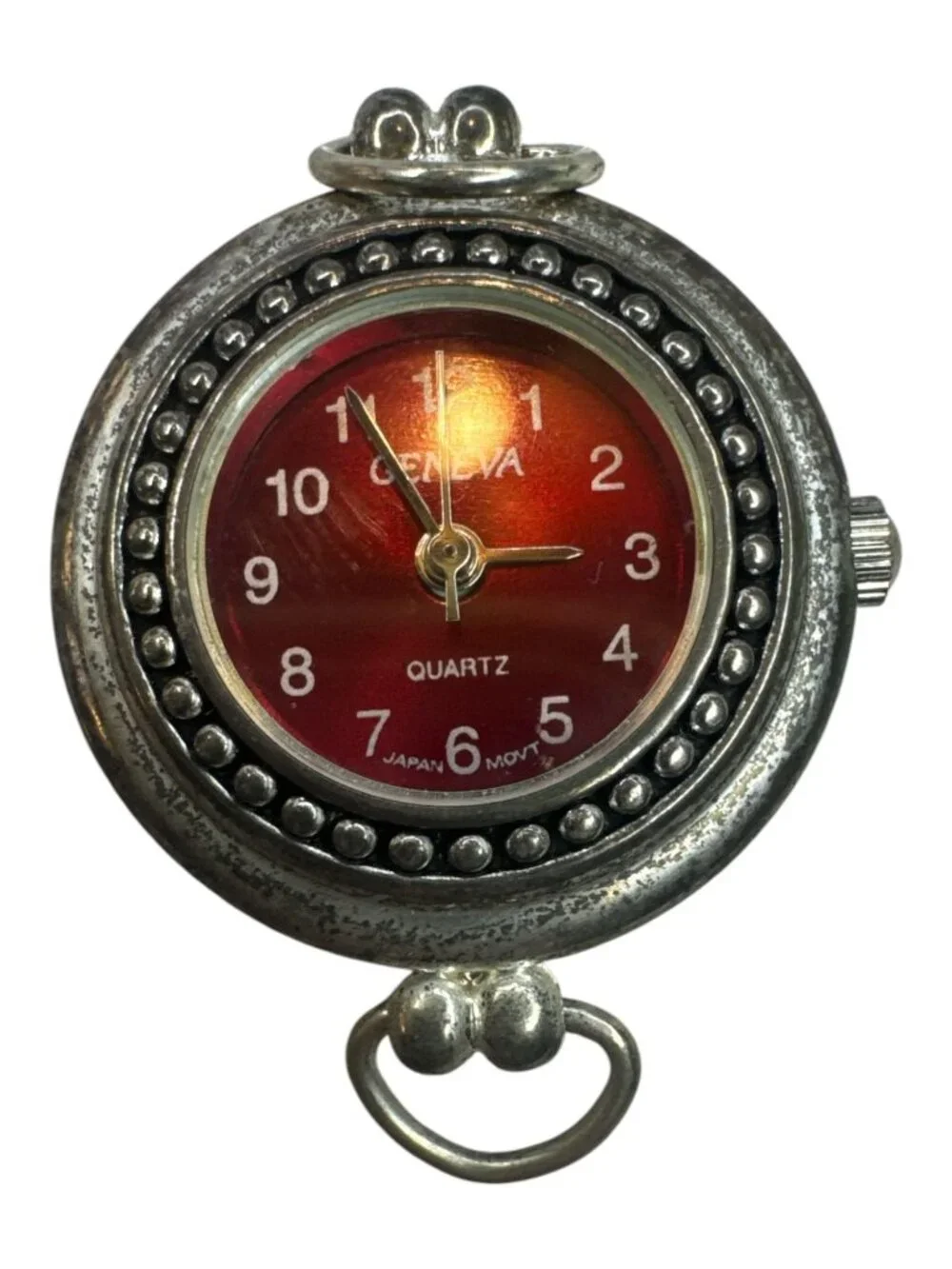 Geneva Red Quartz Pocket Watch Pendant With Stainless Steel Back & Vintage Silve